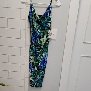 iris Tropical Leaf Print Slip Dress in Green & Blue